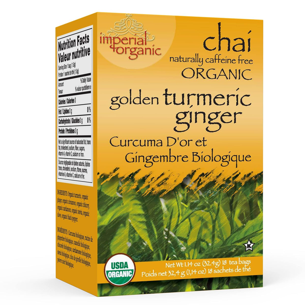 Uncle Lee's Tea Imperial Organic Chai Tea, Naturally Caffeine Free Golden Turmeric Ginger Tea, Organic Cinnamon, Chicory, Cardamom, Stevia, Clove & Black Pepper, 18 Tea Bags per Box