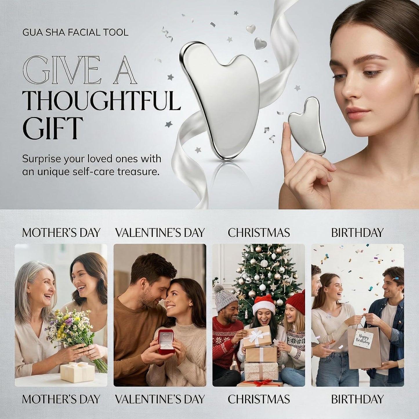 MoHern 2 Pcs Stainless Steel Gua Sha Tool, Gua Sha Facial Tools, Durable GuaSha Tool for Jawline Sculpting, Face Massager, Puffiness Reducing, Skin-Care Gift