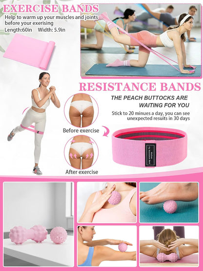 Gemscream 17 Pcs Yoga Essential Kit for Women, Pilates Equipment Starter Set for Beginners with Yoga Wheel Ball Blocks Strap Resistance Bands Wrist Rings Socks Towel & Carry Bag for Home Workouts