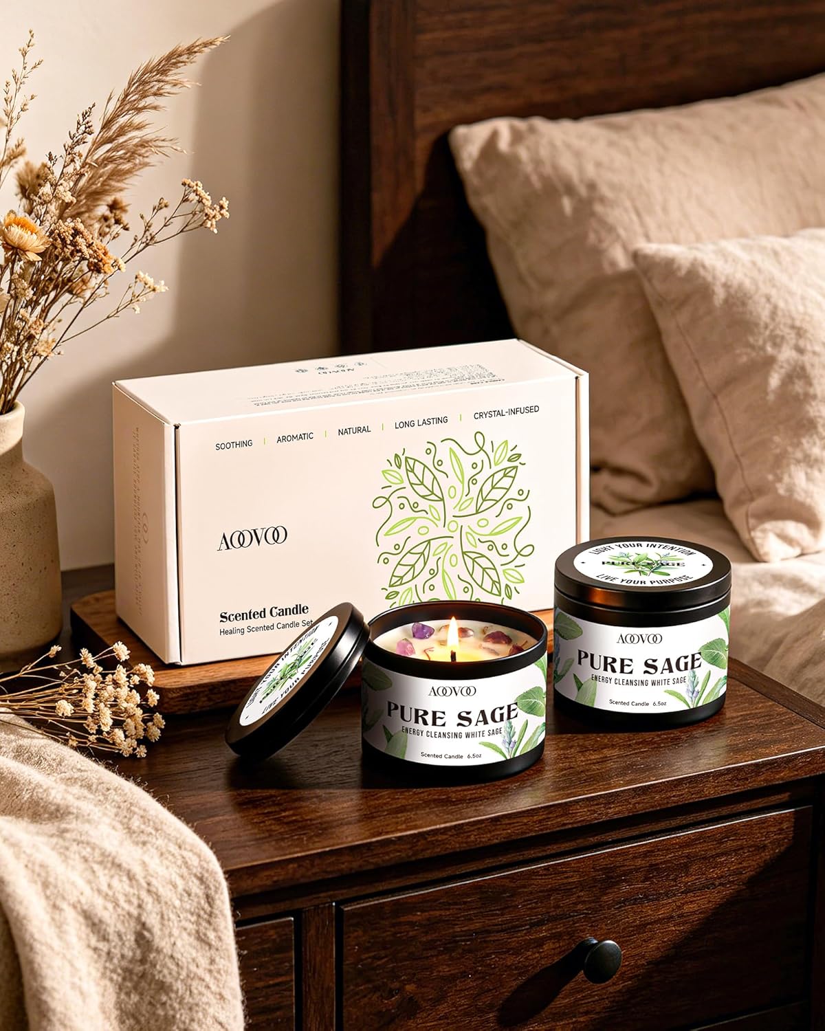 AOOVOO Sage Candle for Cleansing - 3 Wick 12oz Large Scented Candle with Crystals & Sage Leaves Inside, Soy Candles Non Toxic for Meditation Spiritual Gift, Aromatherapy Candle for Women Men