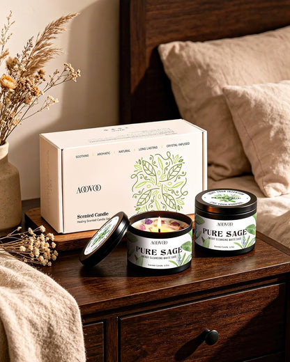 AOOVOO Sage Candle for Cleansing - 3 Wick 12oz Large Scented Candle with Crystals & Sage Leaves Inside, Soy Candles Non Toxic for Meditation Spiritual Gift, Aromatherapy Candle for Women Men