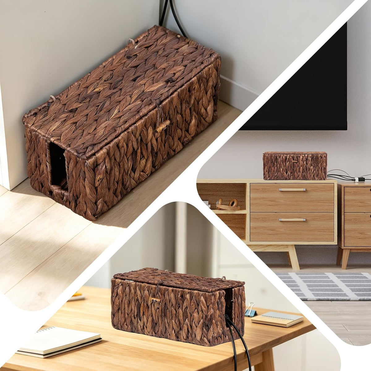 Posprica Cable Management Box with Lid, 2Pack Handwoven Real Water Hyacinth Cord Hider Organizer Boxes, 2 Side Open Slots Storage Box to Hide Cords Power Strip for Desk, Floor, Office