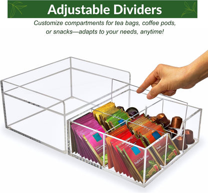 Heavy-Duty Acrylic Tea Bag Organizer, 8-Compartment Storage Box | Perfect Organizer: 8-compartment design keeps tea bags and coffee pods neatly sorted, saving space on your countertop.