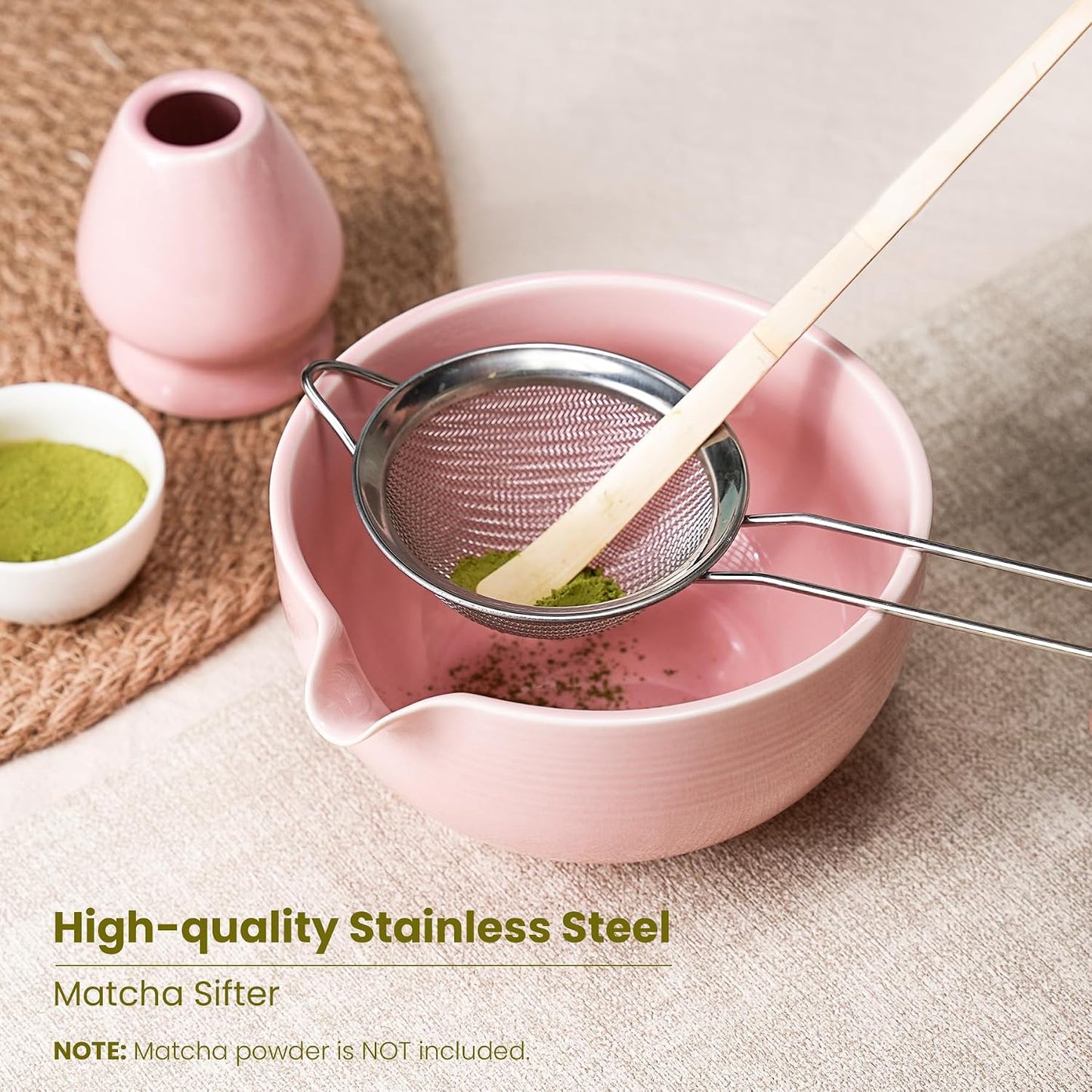 7Pcs Matcha Whisk Set, Matcha Set Whisk and Bowl,Bamboo Scoop, Scoop Rest, Sifter and Tea Towel, Matcha Kit W/Carved Cherry Blossm Pattern for Matcha Lovers (Sakura Pink)