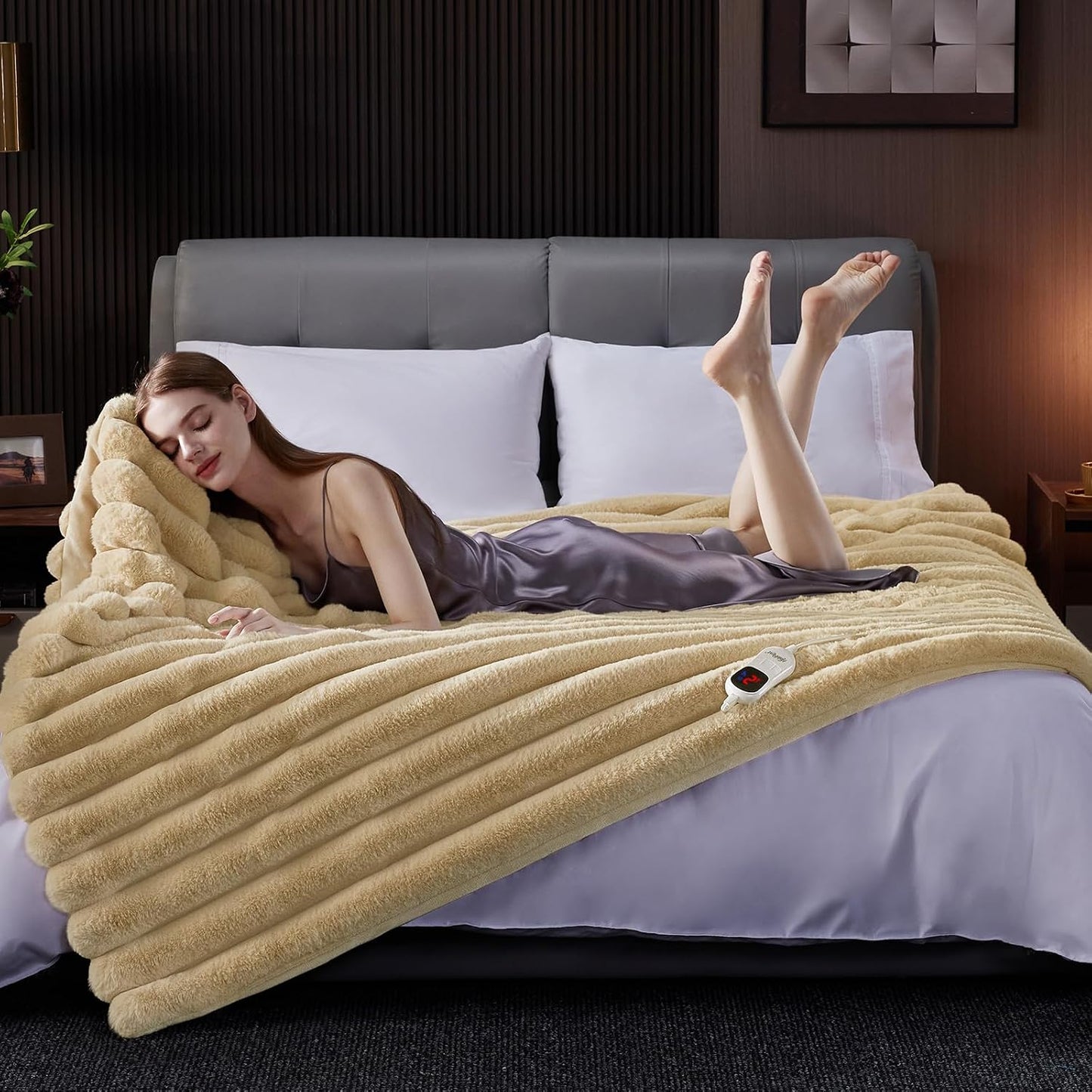 Heated Throw Blanket, Faux Fur Cozy Heating Blanket with Overheat Protection, 1/2/4/6/8 Hours Auto-Off 10 Heat Level, Machine Washable (50x60 Inches, Cream White)