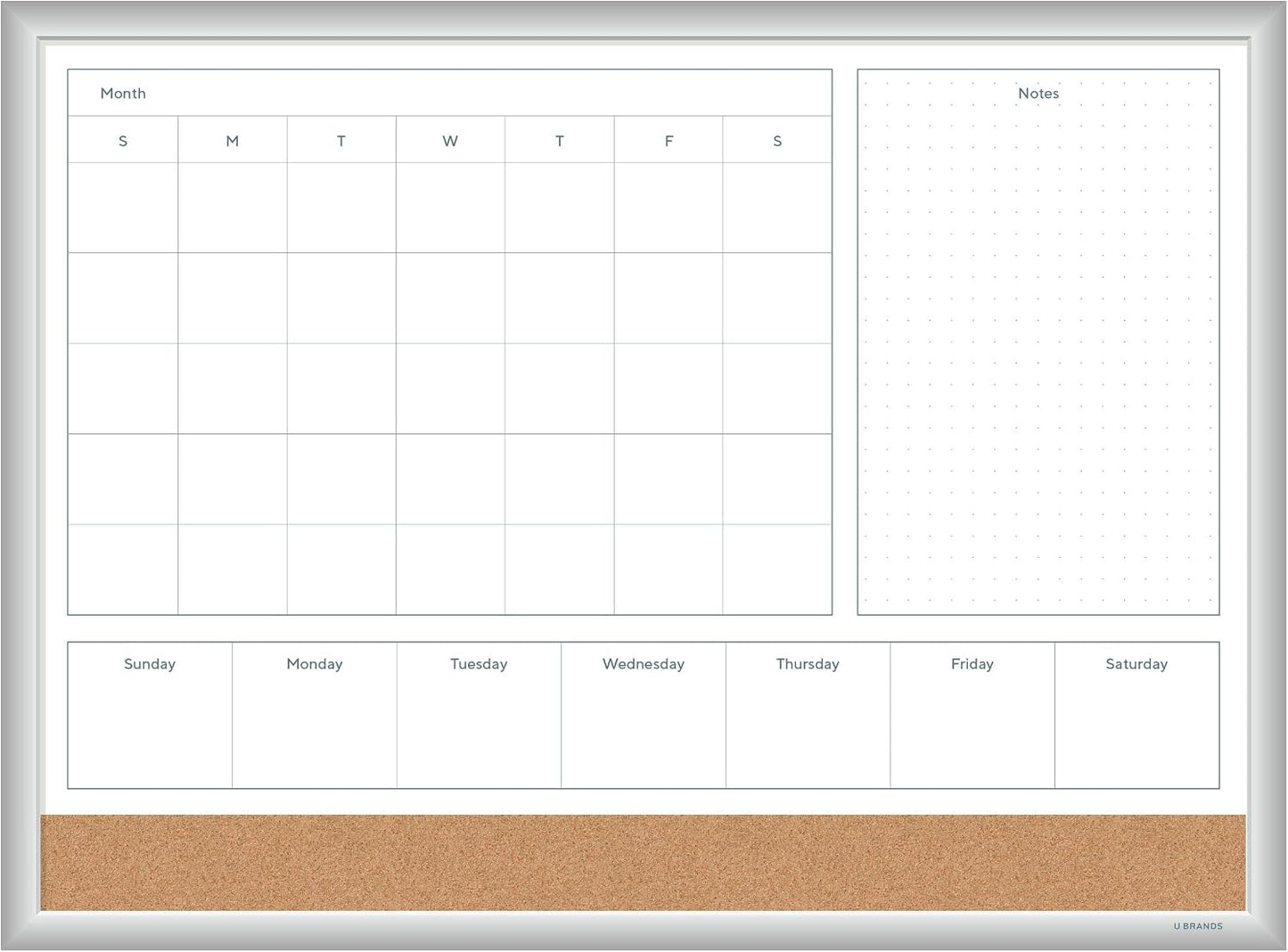 U Brands Magnetic Dry Erase 4-in-1 Calendar White Board, 24" x 18", Silver Aluminum Frame