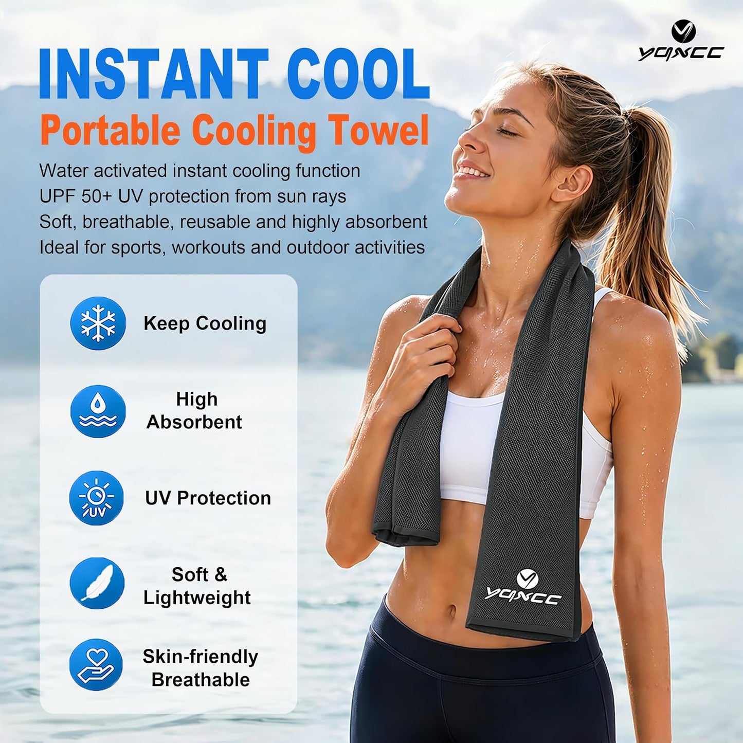 YQXCC 4 Pack Cooling Towels (47"x12"), Ice Cool Neck Towel, Soft Breathable Microfiber for Yoga, Golf, Gym, Running, Camping & Hot Weather
