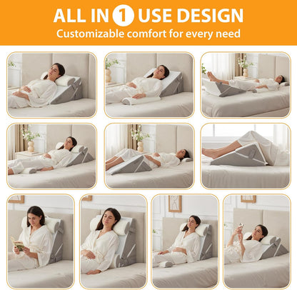 Ruqmuis Wedge Pillow Set for After Surgery, 3PCS Adjustable 9&12 Inch Bed Wedge Pillow for Sleeping, Incline Pillow Wedge for Headboard, Post Surgery, Acid Reflux, Neck&Back Support, White/Grey