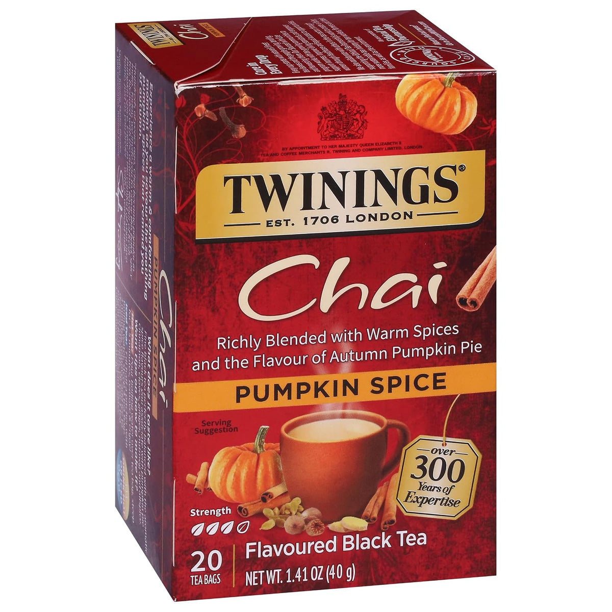 Twinings Pumpkin Spice Chai Black Tea Individually Wrapped Bags, 20 Count (Pack of 6), Warm, Spicy & Aromatic, Caffeinated, Enjoy Hot or Iced, 120 Teabags