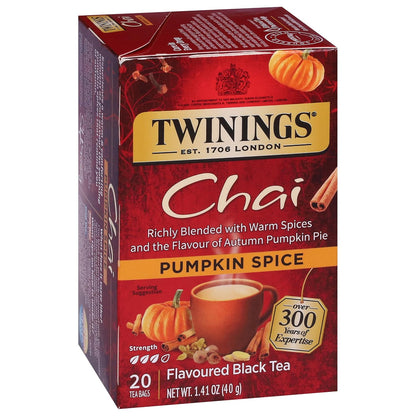 Twinings Pumpkin Spice Chai Black Tea Individually Wrapped Bags, 20 Count (Pack of 6), Warm, Spicy & Aromatic, Caffeinated, Enjoy Hot or Iced, 120 Teabags
