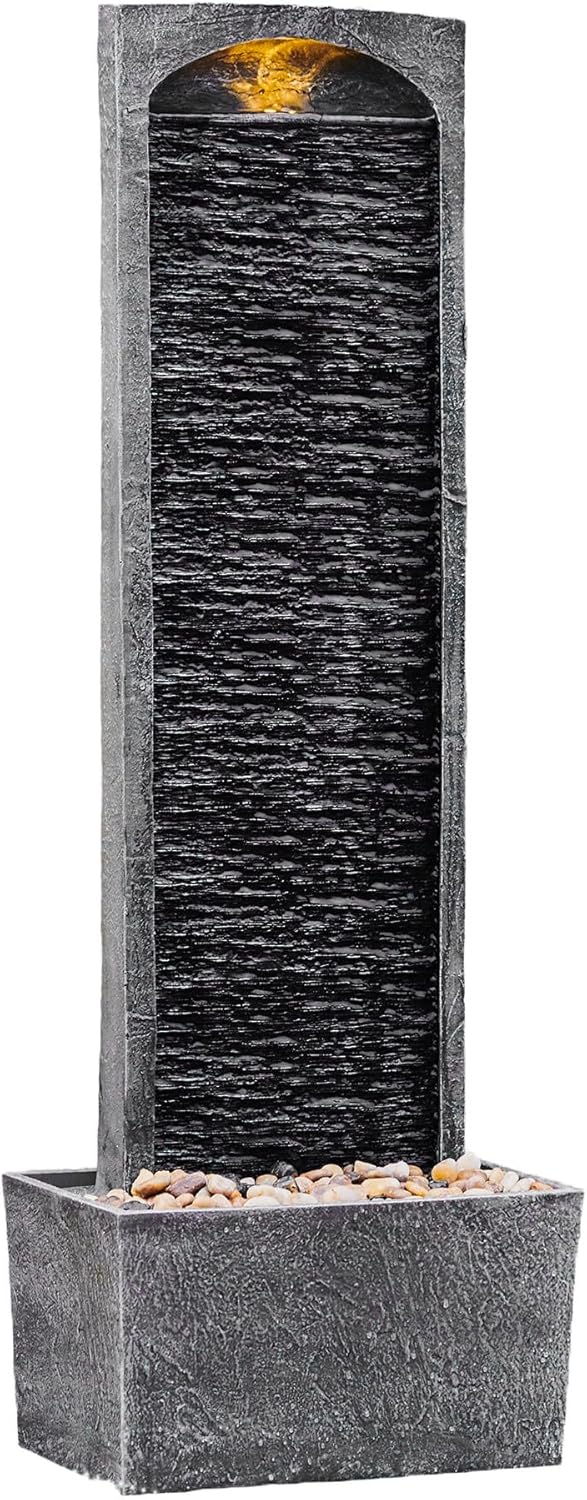 Teamson Home 38.58 in. Modern Curved Faux Slate Waterfall Fountain for Indoors or Outdoors with LED Light Accents and 1.98-Gallon Pump, Black and Stone Gray | Freestanding Floor Garden Waterfall, LED Lights, Weatherproof Polyresin, For Patio & Yard
