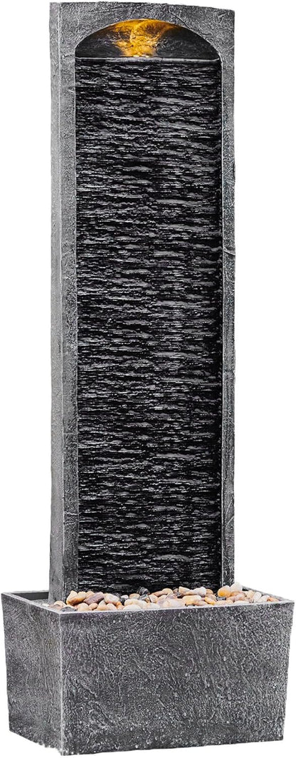 Teamson Home 38.58 in. Modern Curved Faux Slate Waterfall Fountain for Indoors or Outdoors with LED Light Accents and 1.98-Gallon Pump, Black and Stone Gray | Freestanding Floor Garden Waterfall, LED Lights, Weatherproof Polyresin, For Patio & Yard