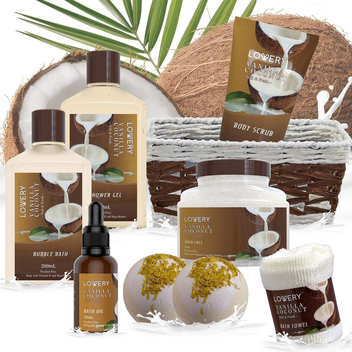 Gifts For Women Gift Basket for Women– 9 Piece Set of Vanilla Coconut Home Spa Set, Luxurious Gifts for Her, Bath and Body Sets Includes Fragrant Lotions, Large Bath Bombs, Coconut Oil