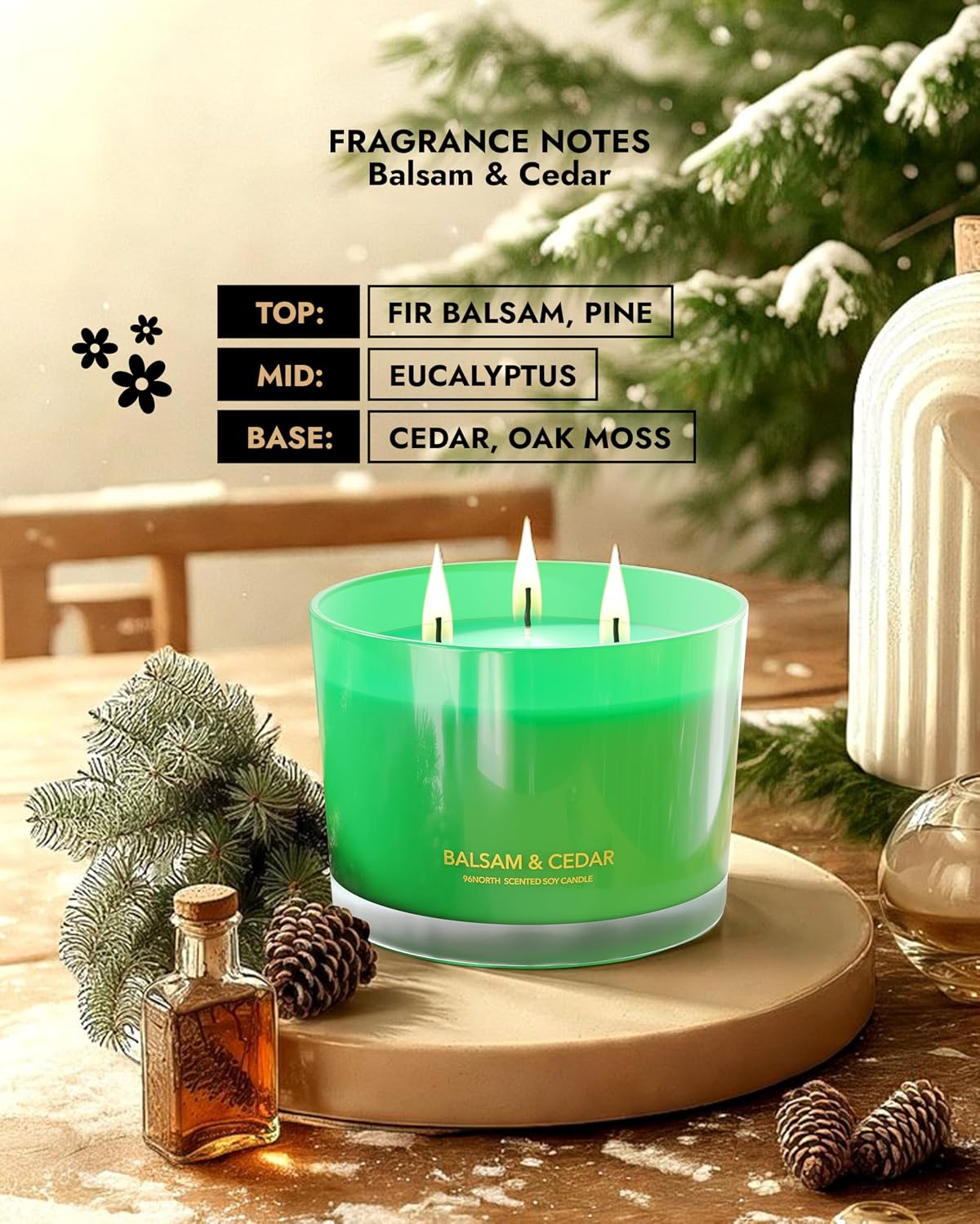 96NORTH Luxury Vanilla Soy Candles | Large 3 Wick Jar Candle | Up to 50 Hours Burning Time | 100% Natural Soy Wax | Relaxing Aromatherapy Aesthetic Candle | Housewarming Gift for Men and Women