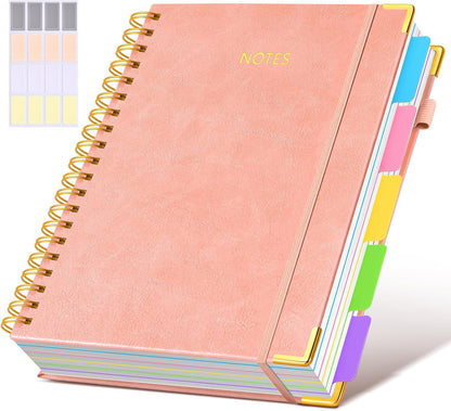 Hardcover Spiral Notebook journal with Removable Dividers Tabs, 300 Pages Leather 5 Subject Notebook College Ruled, 8"x10" Large B5 Notebooks for Work School Note taking, Lined Journal for Women,Black