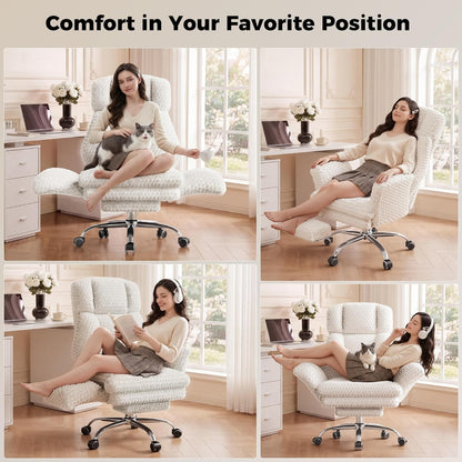 Big and Tall Office Chair, Flip Armrests for Pets & Cross Legged Sitting, Executive Ergonomic Computer Gaming Chair with Foot Rest, Teddy Fleece Wide Seat Reclining Desk Chair, White Vanity Chair