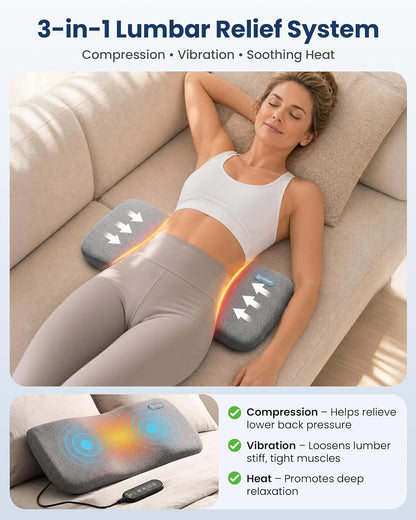 COMFIER Smooth Spine Triple Fusion Back Massager with Graphene Heat, 3-in-1 Cordless Lumbar Support Pillow with Remote Control, Vibration & Stretching, Ergonomic Lower Back Massager