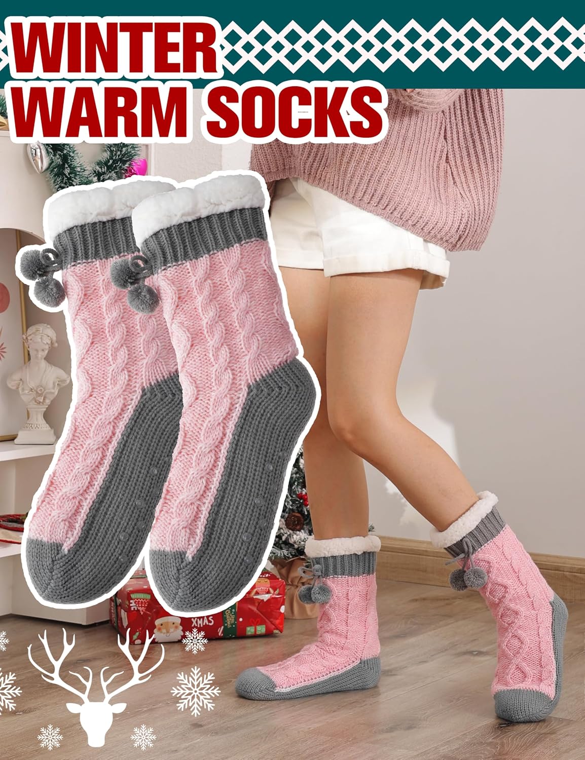 Welwoos Womens Slipper Fuzzy Grips Socks Fluffy Winter Warm Thick Thermal Cozy Plush Non Slip Cabin Soft Fleece Socks