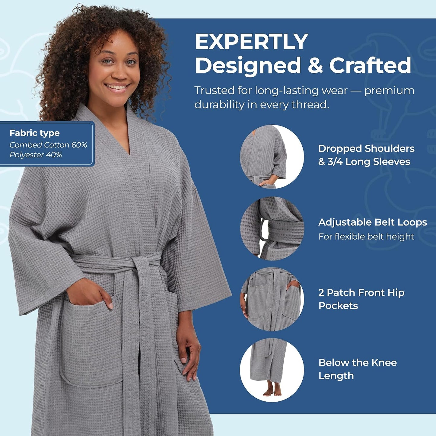 Monarch Square Waffle Spa Kimono Robe for Men or Women
