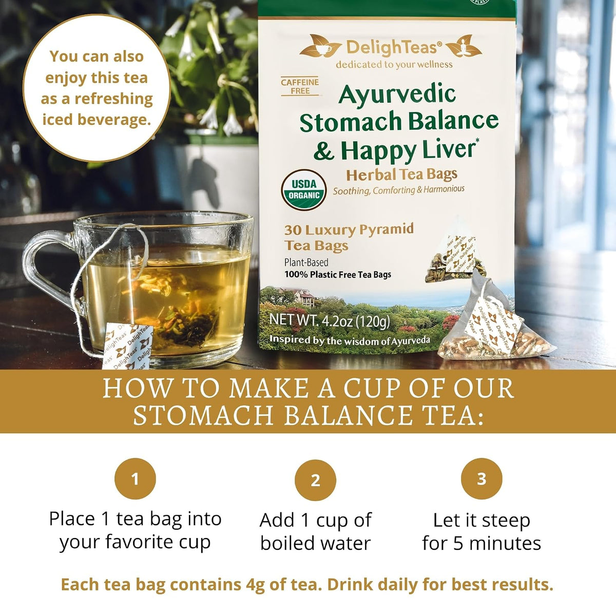 DelighTeas Ayurvedic Herbal Stomach & Liver Tea Bags | Eco-Friendly, Compostable Pyramids | Organic Milk Thistle, Fennel, Ginger, Peppermint & Licorice | Caffeine-Free, Kosher | 30 Tea Bags 4g Each