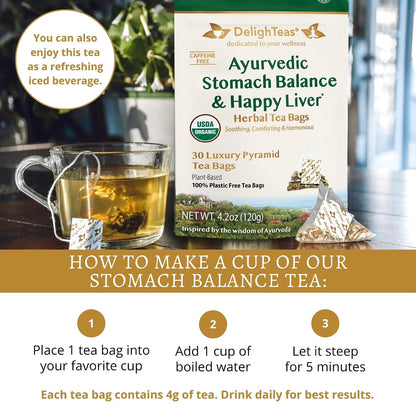 DelighTeas Ayurvedic Herbal Stomach & Liver Tea Bags | Eco-Friendly, Compostable Pyramids | Organic Milk Thistle, Fennel, Ginger, Peppermint & Licorice | Caffeine-Free, Kosher | 30 Tea Bags 4g Each