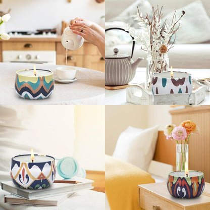 Scented Candles Gift Set for Women, 4 Pack Soy Wax Candles in Classic Bohemian Tins, Aromatherapy Candle Set, Birthday Gifts for Mom, Thank You Gifts