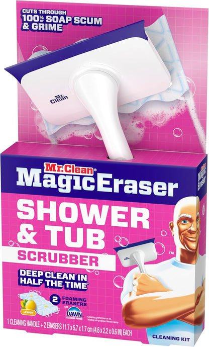 Mr. Clean Magic Eraser Shower & Tub Scrubber, Bathroom Cleaner, All in One Bathroom Cleaner, Lemon Starter Kit, 1 Scrubber & 2 Foaming Magic Erasers