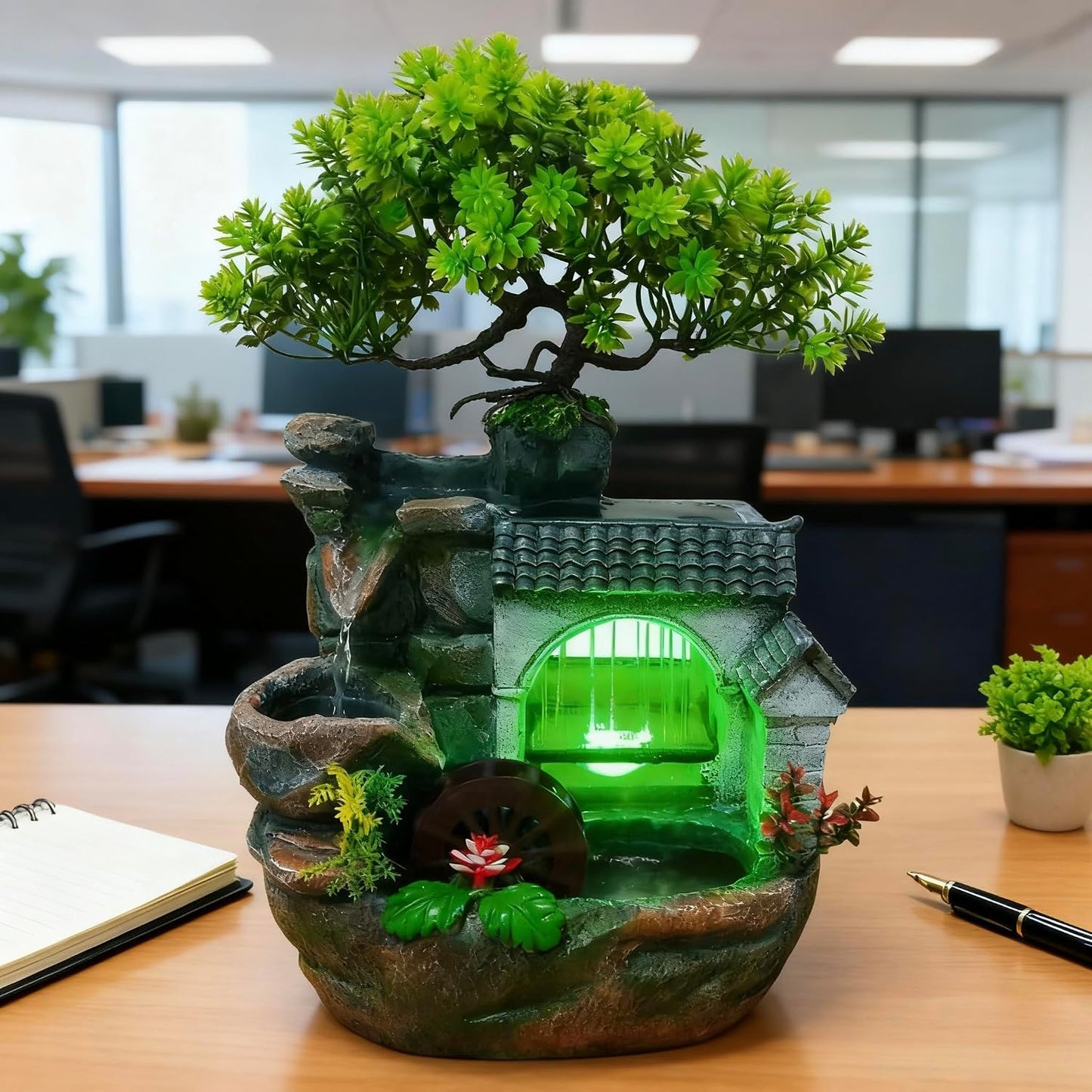 Mini Artificial Bonsai Tree Waterfall Fog Feature Rock Tabletop Fountain | 11in Desktop Decor Waterfall Fountain W/ Water Pump& Atomizer&LED Lights &Fake Tree Office Bedroom Relax