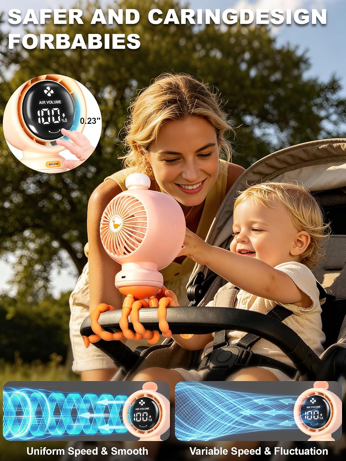 Stroller Fan for Baby with Night Light, 135° Automatic Air Swing (Orange)