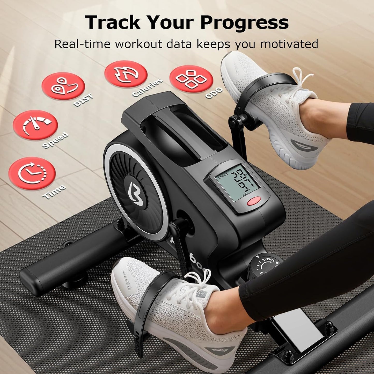 pooboo Under Desk Bike Pedal Exerciser, Quiet Magnetic Mini Exercise Bike with 16 Resistance Levels, Arm & Leg Workout, Resistance Bands & Non-Slip Mat for Home Office Therapy
