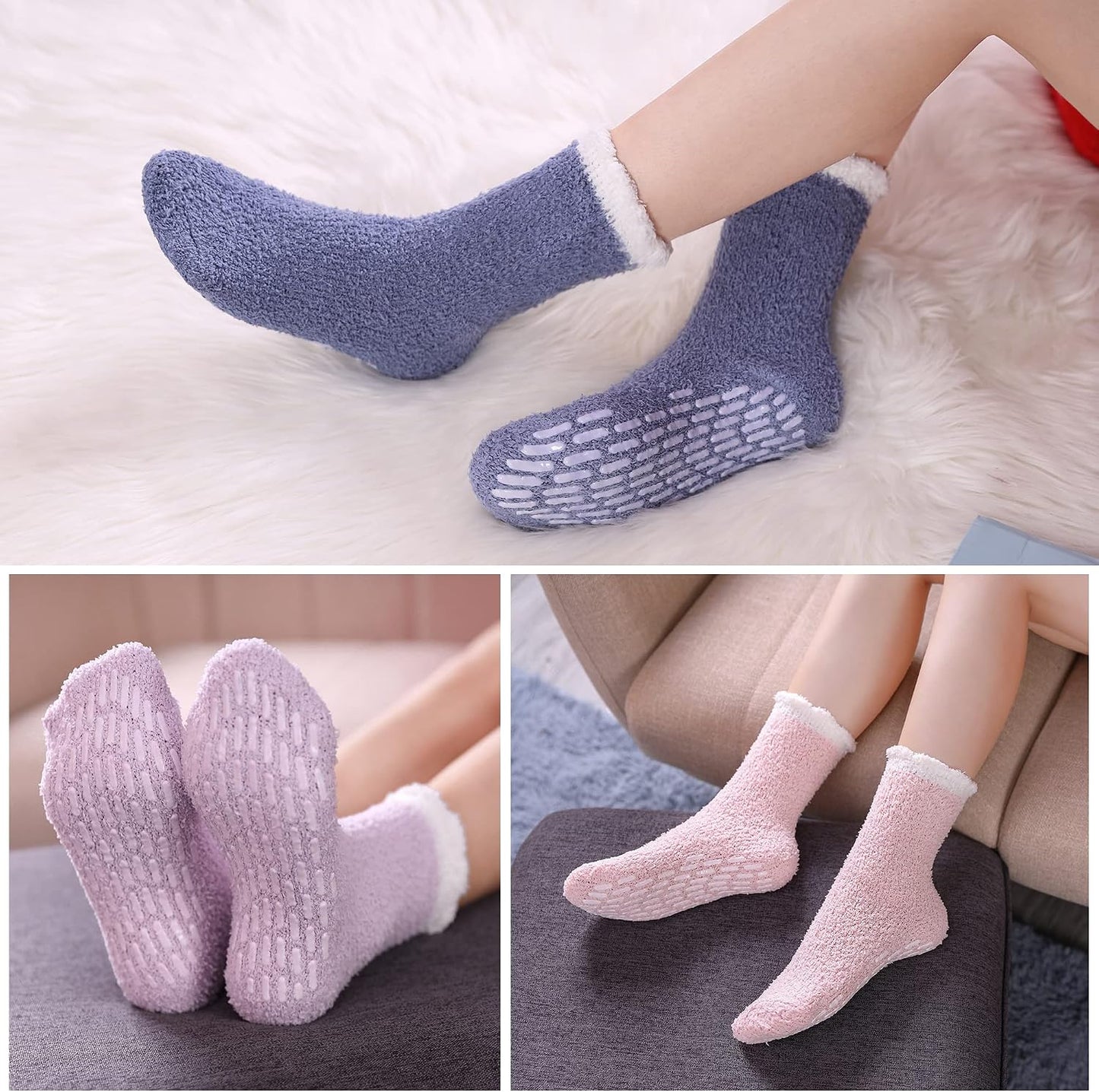 MQELONG Non Slip Hospital Socks with Grips for Women Winter Warm Cozy Fuzzy Slipper Soft Fluffy Sleep Socks