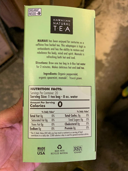 Hawaiian Natural Tea Organic Mamaki Jasmine Green Tea Blend - 20 Bags