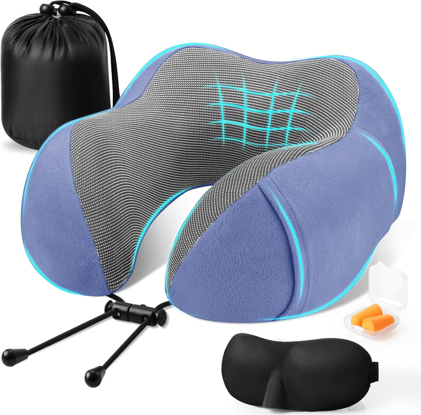 CloudBliss Travel Pillow for Airplane, Memory Foam Neck Pillow for Travel, Compact Flight Pillow with Eye Mask, Earplugs, Carry Bag, Travel Neck Pillow for Long Flight Sleep, Plane Accessories, Black