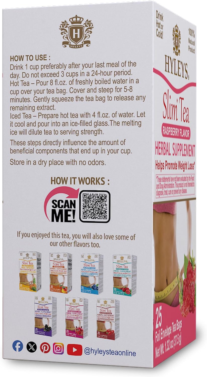HYLEYS Slim Tea Raspberry Flavor, Detox Tea for Weight Loss, 25 Tea Bags