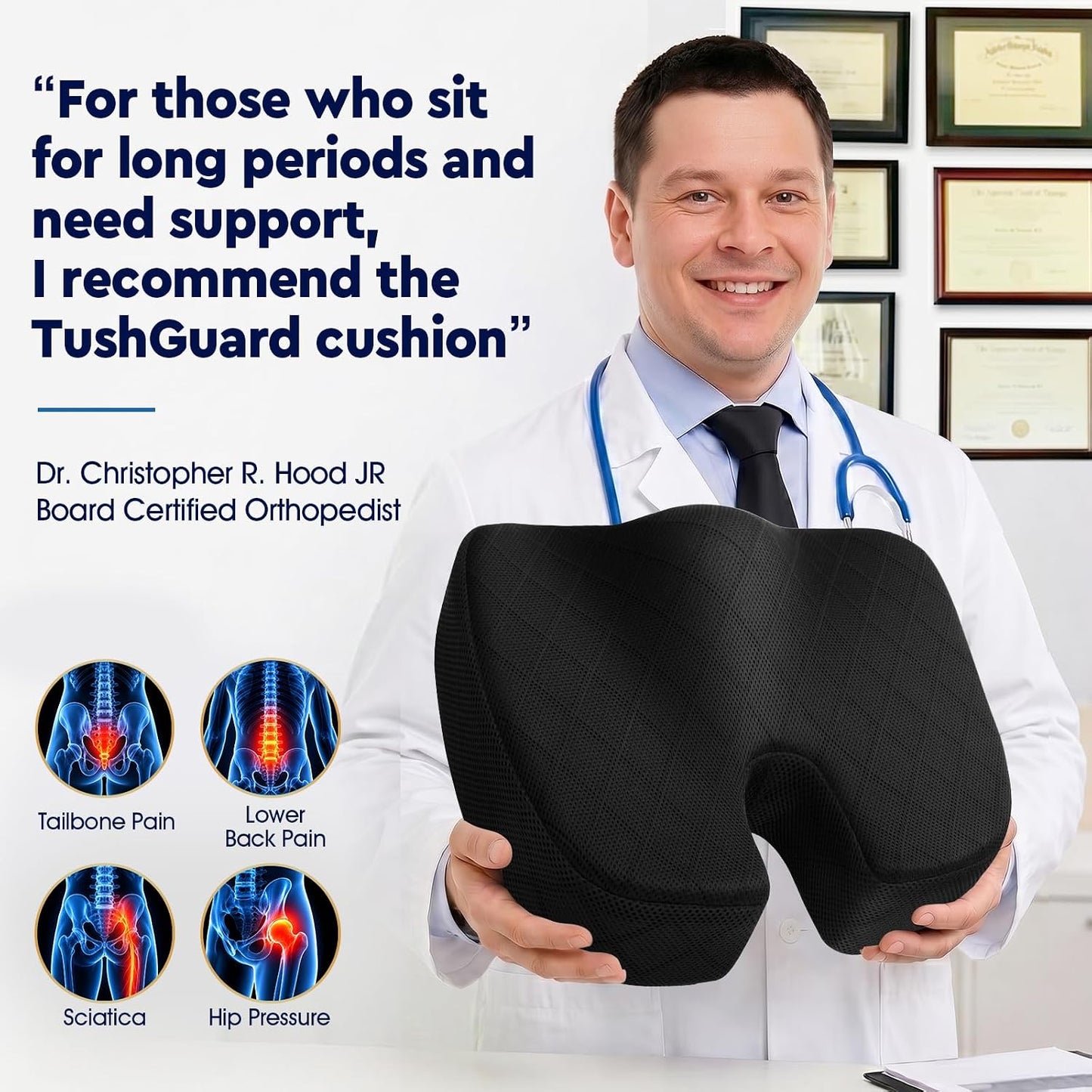 TushGuard Seat Cushion - Memory Foam Sitting Pillow for Office Chair, Car Seat, Airplane, Bleacher - Sciatica & Hip & Coccyx Pain Relief Desk Chair Cushion for Long Sitting Office Workers, Car Drivers