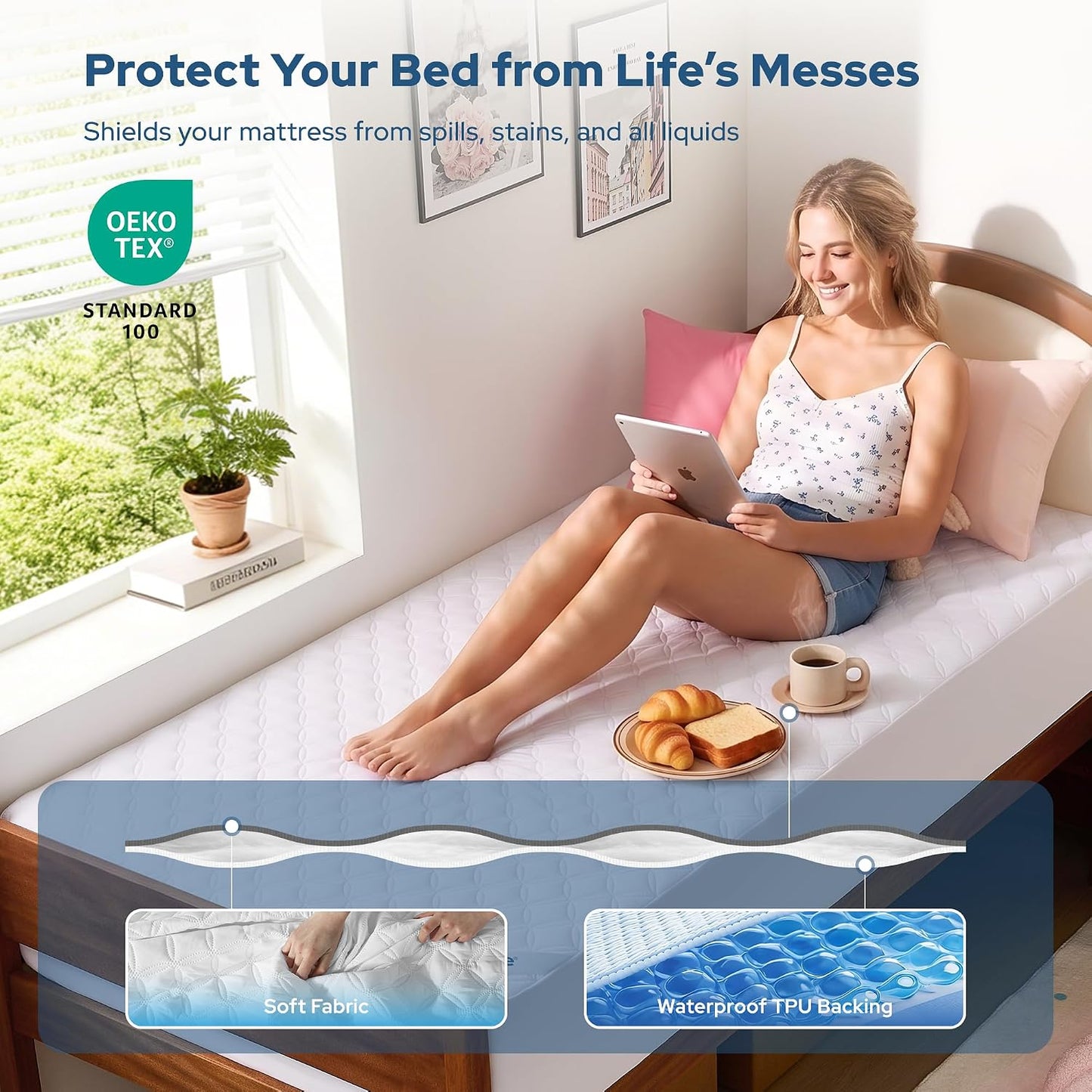 2 Pack Waterproof Mattress Protector, Queen Size Mattress Pad Noiseless with Deep Pocket Fitted for 6"-18", Soft Breathable Dirt-Proof Bed Mattress Cover Washable for Home, Bedroom, Hotel (Gray)