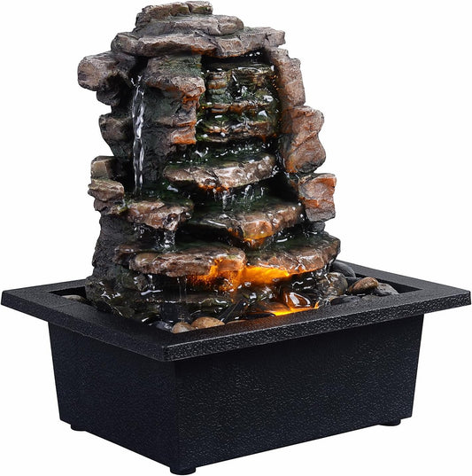 GOSSI Meditation Waterfall Fountain with LED Lights, Indoor Tabletop Water Fountain Decorated with Natural River Rocks, Office & Home Relaxation Decor, Christmas Decoration