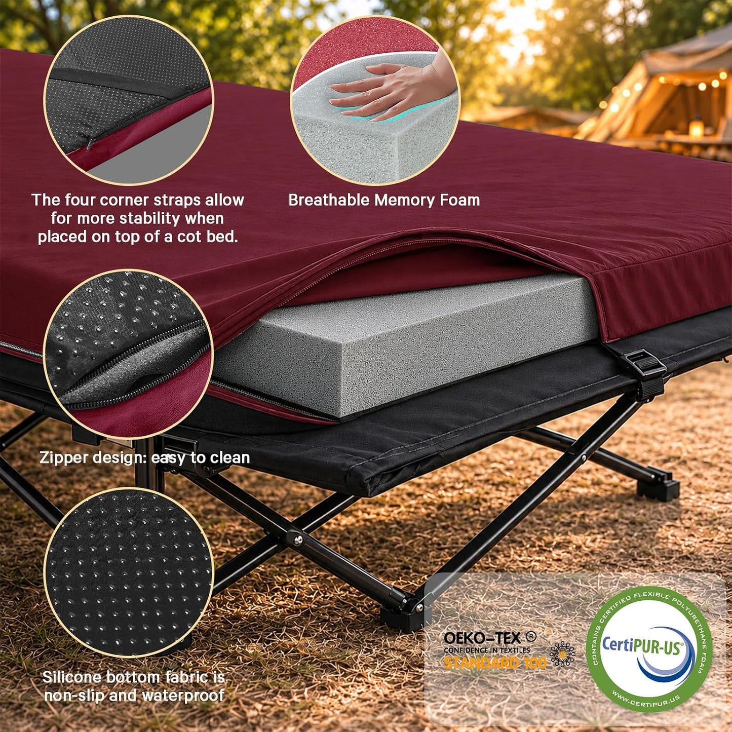 CYMULA Camping Cot Pad 2 Inch Memory Foam, Camping Pad for Folding Cot and Foldable Cot, Portable Roll Up Camp Gear for Car Camping Travel Tent, Non-Slip Waterproof Bottom, Removable Cover, Pad Only