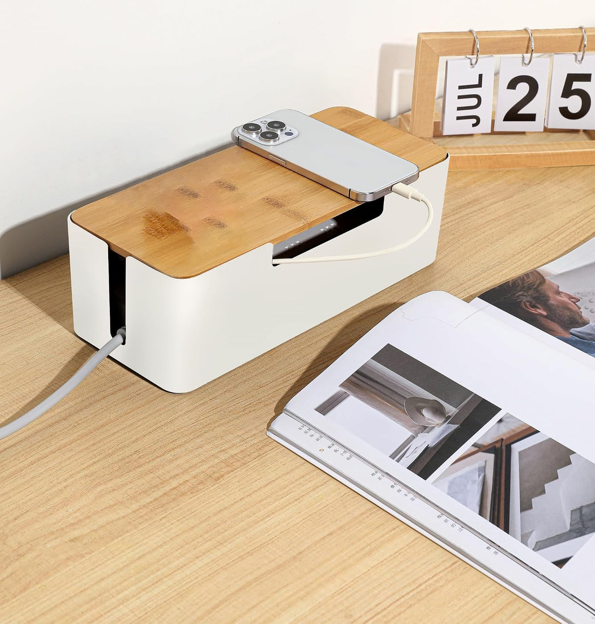 Cable Management Box, Cord Organizer Box with Bamboo Lid, White
