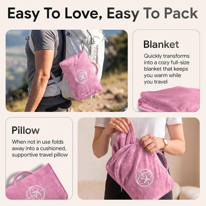 2-in-1 Travel Blanket and Pillow – Lightweight, Compact, Ultra Soft, Machine Washable – Handle, Luggage Sleeve, Backpack Clip – for Travel Airplane, Car, Office (Gray)