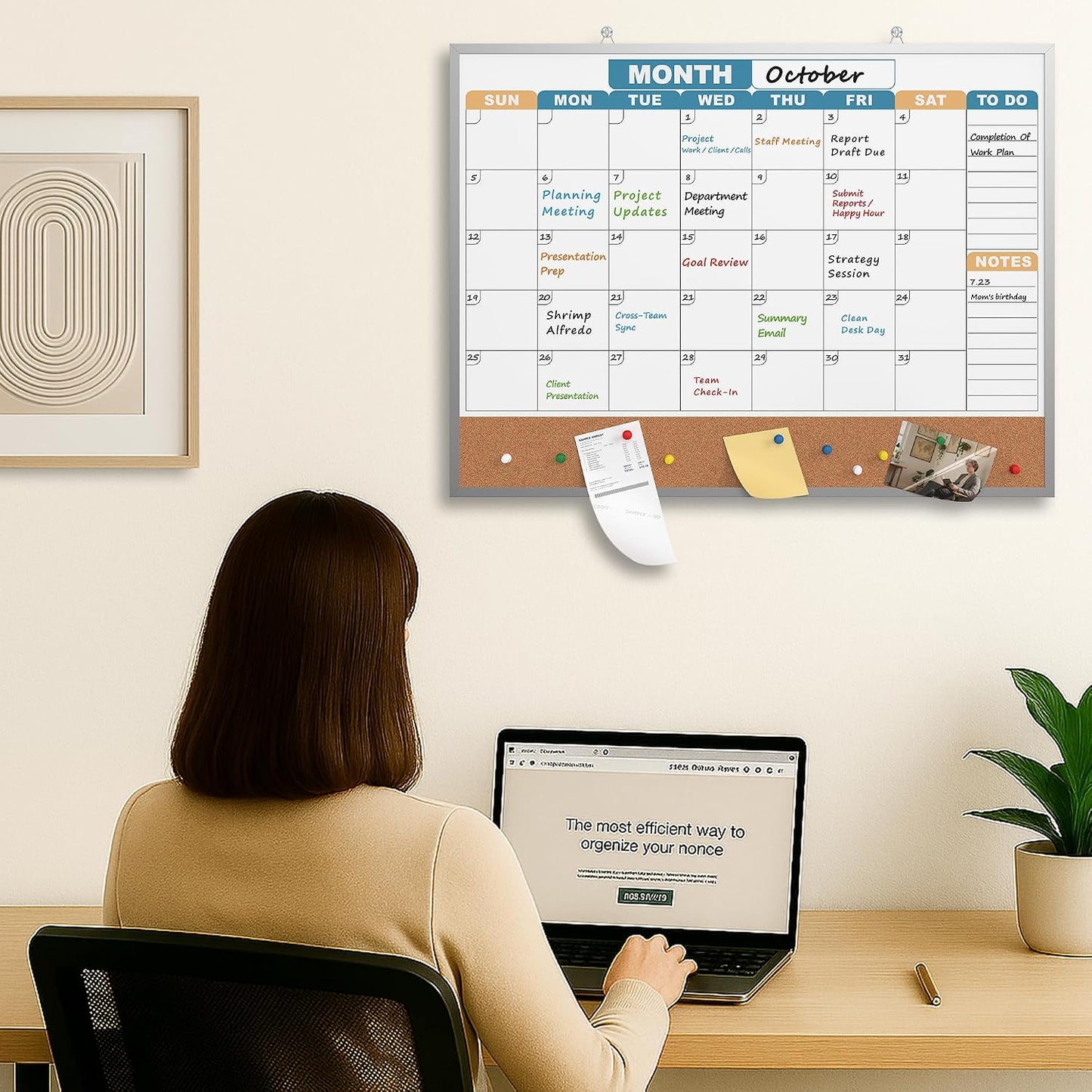 Monthly Calendar Dry Erase Board 16x12 Inch, Double-Sided Whiteboard and Corkboard Combo, Wall Mounted Planner Organizer with Markers, Magnets, Push Pins, Eraser, for Home Office School