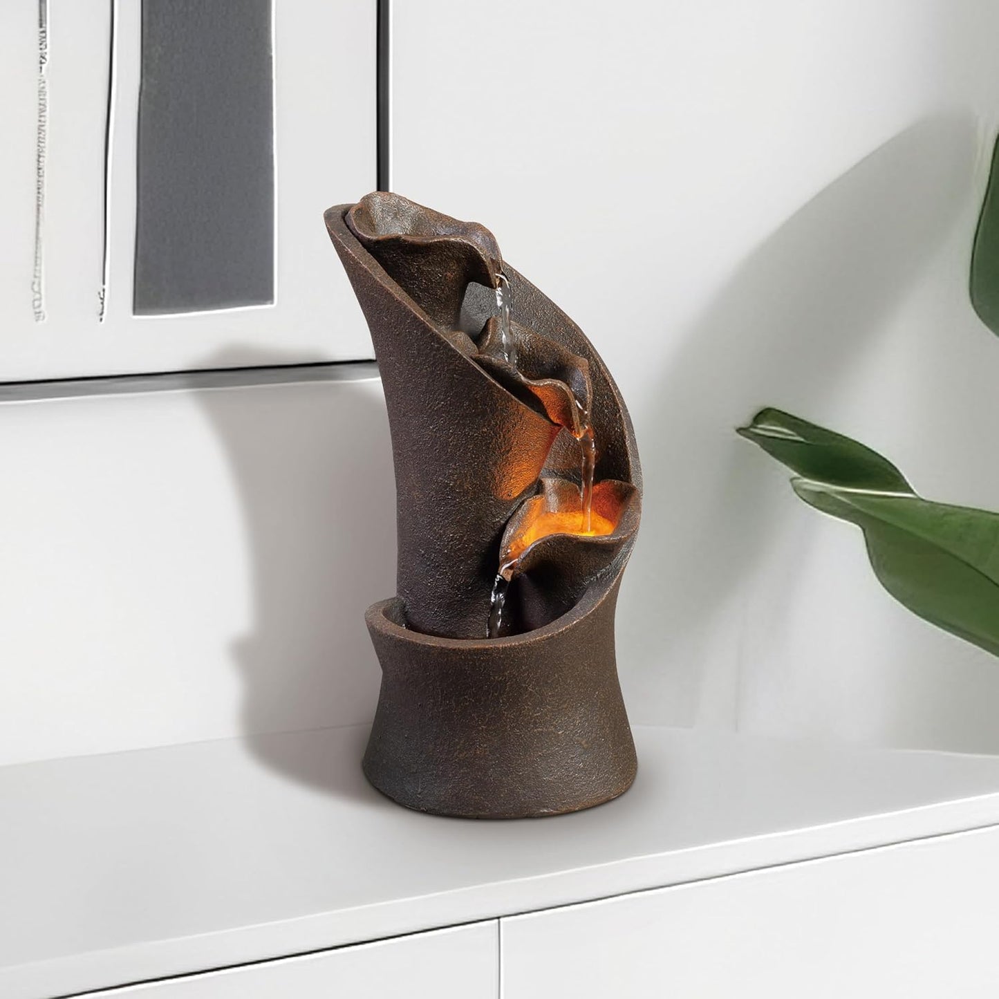 Kalona Tabletop Waterfall Fountain Rockery Fountains Soothing Sound Tabletop Fountains Home/Office Decor with a Small Plastic Pot to Grow The Plant by Yourself(Automatic Watering)(22020)
