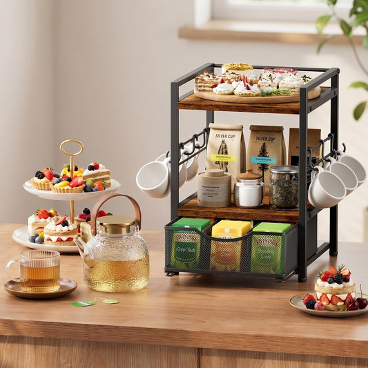 Plaviya 3-Tier Tea Bag Organizer with Drawer for Countertop | Tea Bag Holder and Storage, 9 Compartments, 6 Hooks for Cup, Utility Tea Box, Office, Kitchen, Rustic Brown