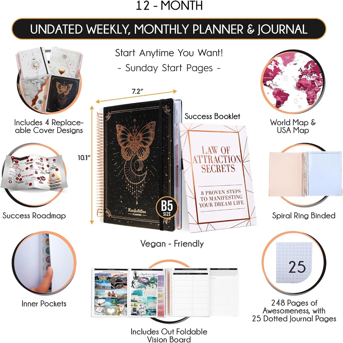 Manifestation Journal – Hourly, Weekly & Monthly Planner | 12-Month to Increase Productivity, Life Organizer & Goal Planner | Spiral Journal, Habit Tracker, Foldable Vision Board, Gift Box & Stickers