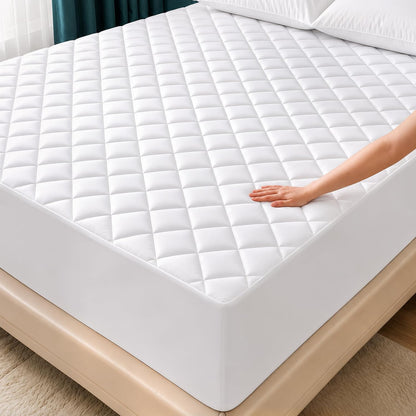 Quilted Fitted Mattress Pad, Queen Mattress Protector Topper with Deep Pocket Stretches up to 16 Inches, Machine Washable Mattress Cover by Utopia Bedding (White)