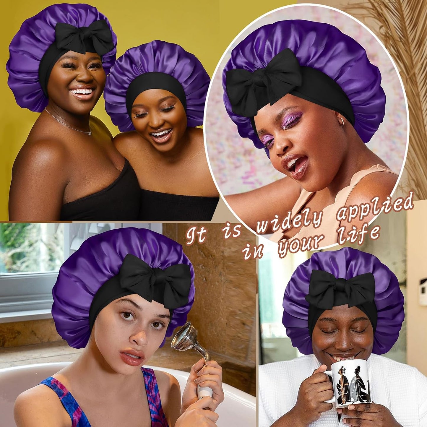Satin Bonnet for Sleeping Cap Double Layer Hair Bonnet with Elastic Tie Band for Curly Hair Night Cap (Bean Paste + Pink)