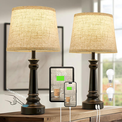 EJIAXIN Lamps for Bedrooms Set of 2, Brushed Nickel Bedside Lamps with USB C+A Ports,Dimmable Nightstand Lamps with Fabric Lampshade, Touch Table Lamp for Living Room Bedroom Office, Bulbs Included
