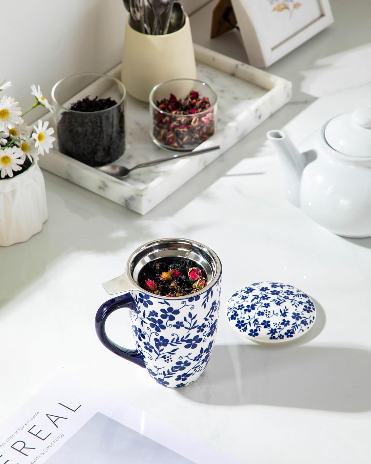 vancasso SELENE Porcelain Tea Mug, 18 oz Porcelain Tea Cup with Infuser and Lid Steeps Loose Leaf Tea, Microwave & Dishwasher Safe, Blossom Cluster