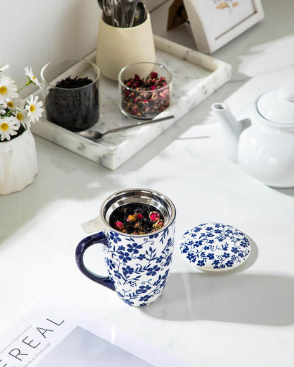 vancasso SELENE Porcelain Tea Mug, 18 oz Porcelain Tea Cup with Infuser and Lid Steeps Loose Leaf Tea, Microwave & Dishwasher Safe, Blossom Cluster