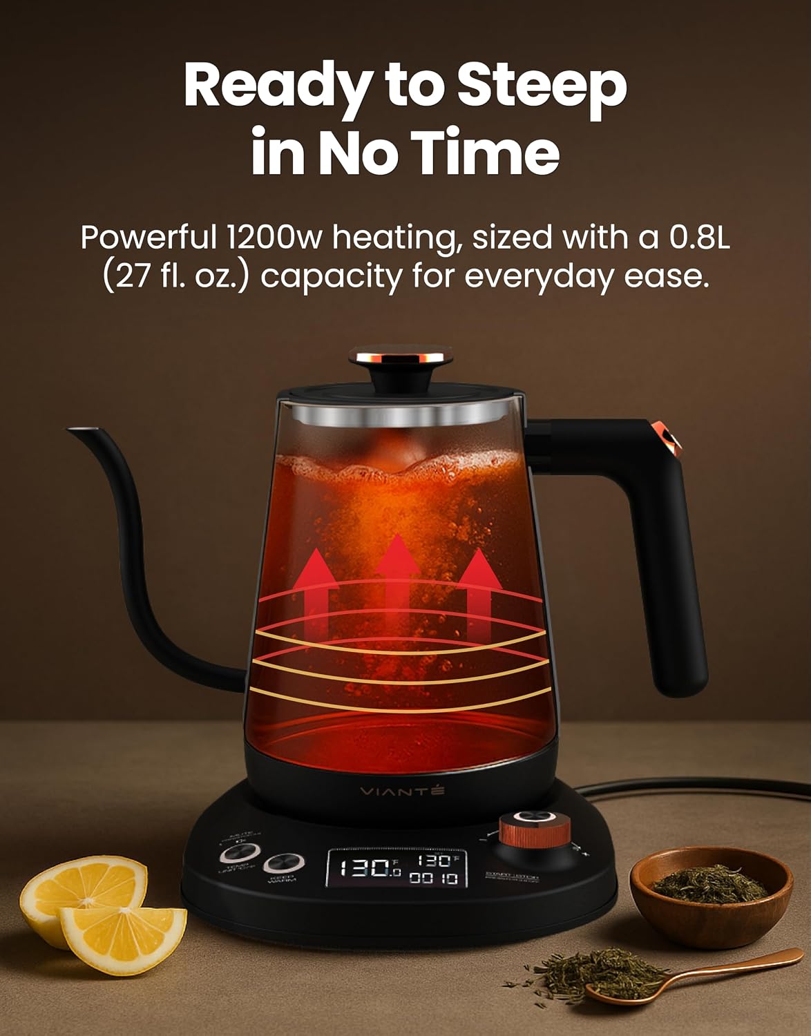 Viante Alba Electric Tea Kettle with Infuser, No Plastic In Contact With Water, 1.5L Borosilicate Glass, 304 Stainless Steel, 4 Temperature Presets, Keep Warm, Cordless, Auto Shut-Off